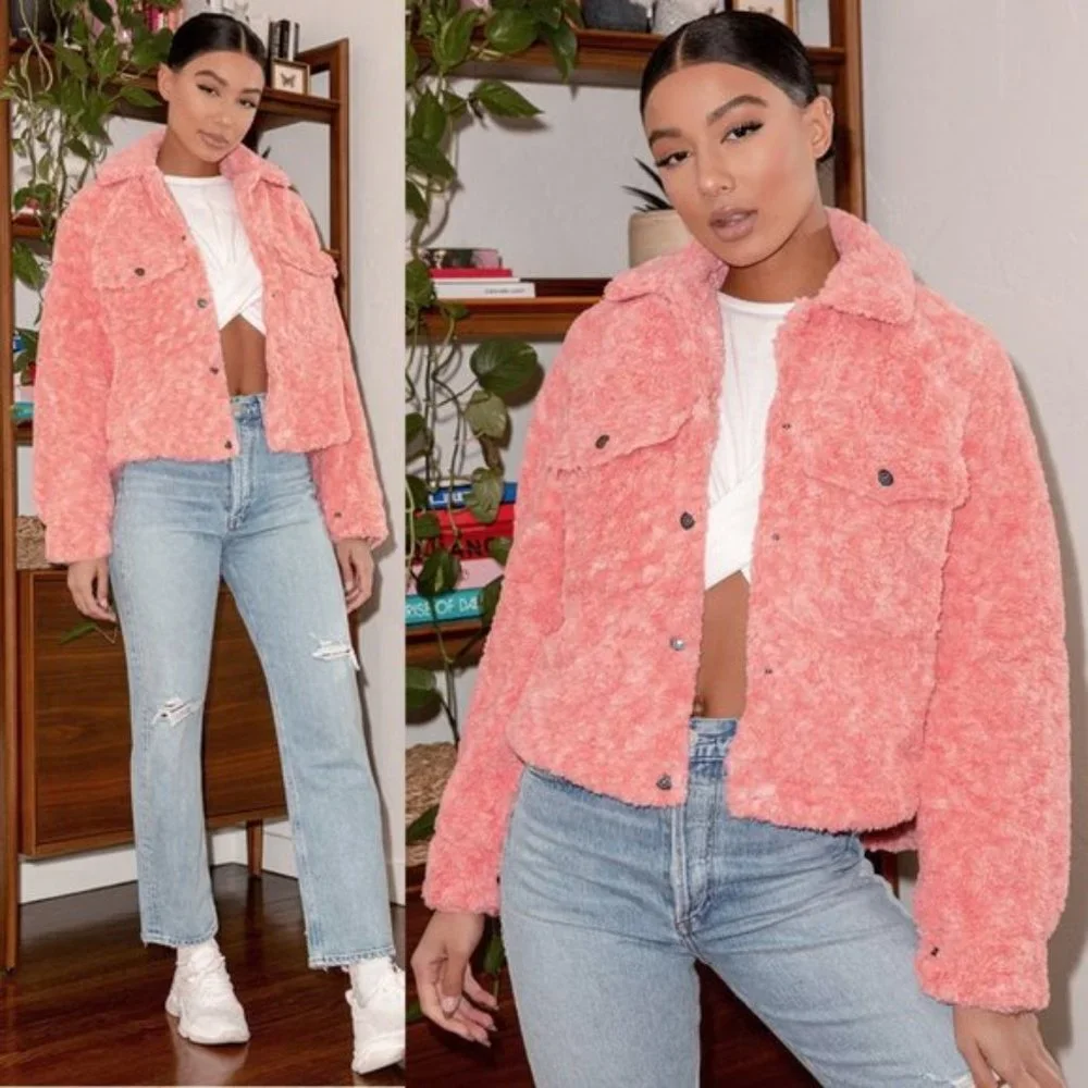 Free People Teddy Faux Fur Swing Cozy Jacket Melon Pink Coral sz XS - Picture 11 of 11